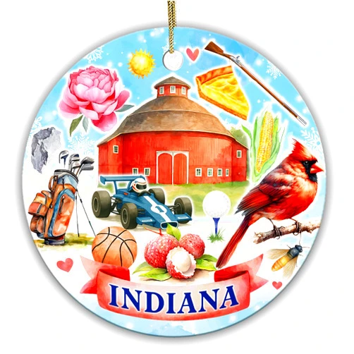 Sportyzen Indiana State Christmas Ornament – Round Ceramic Keepsake, Featuring State Symbols, Cardinal Bird, Corn, Barn, Basketball– Indiana Souvenir Gift for Family & Friends