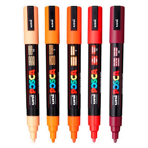 posca Water-Based Paint Art Markers, Set of 5 5M Medium Markers with Reversible Tips, Orange/Red Collection