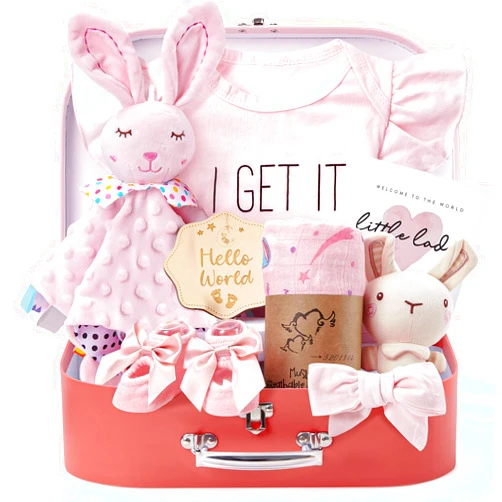 Golray 9pcs Baby Girl Gifts, Baby Shower Gifts for Girls Baby Toys 0-6 Months with Bunny Rattle, Blanket/Onesies/Headband/Socks, New Born Essential Stuff, Gender Reveal Ideas Infant Baby Gift Basket