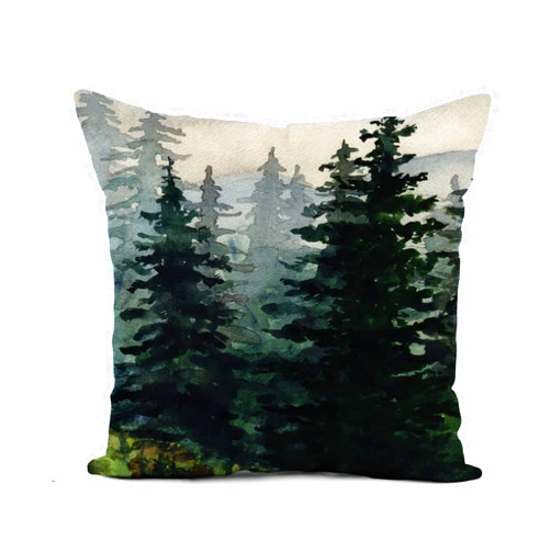 Awowee Flax Throw Pillow Cover Blue Winter Watercolor Landscape Pine Forest Mountains Alaska Artistic 18x18 Inches Pillowcase Home Decor Square Cotton Linen Pillow Case Cushion Cover