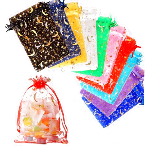 Hopttreely 100PCS Moon Star Organza Bags, 3X4 Organza Jewelry Candy Bags, Mixed Color Organza Favor Bags Gift Pouch with Drawstring for Wedding Party