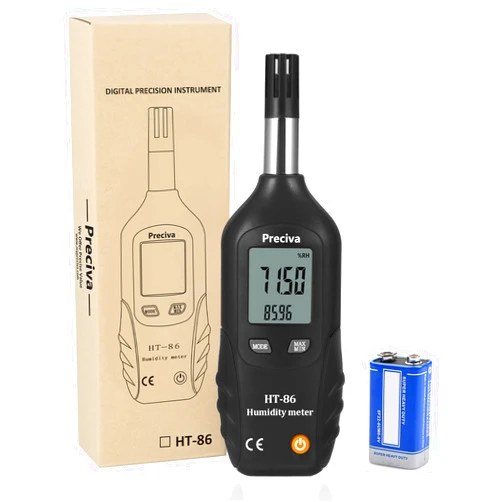 Preciva Digital Psychrometer Thermo-Hygrometer, LCD Mini Temperature and Humidity Meter with Dew Point and Wet Bulb Temperature Hygrometer for Agriculture, Industry, Meteorology (9V Battery Included)