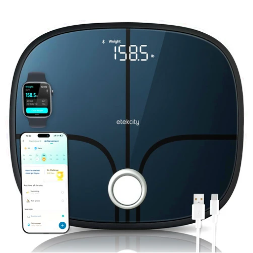 Etekcity Smart Rechargeable Scale for Body Weight, BMI, Fat, Muscle Mass, FSA HSA Eligible, Digital Bathroom Scale with 13 Metrics, Secret Mode, Bluetooth Connect to Free Apps, Stealth Black
