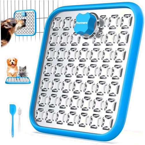 Pawtners Stainless Steel Large Lick Mat: Dog Lick Mats for Large Dogs, Cat Licking Pads for Crate Boredom & Anxiety Reduce, Slow Feeding, Cat Slow Feeder Mat with a Spatula, Scrubbing Brush, Blue