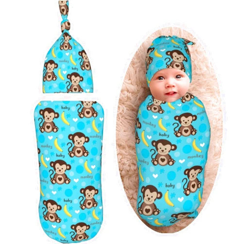 AuHomea Monkey and Banana Newborn Swaddle Blanket with Beanie Set Soft Baby Sleep Sack Stretch Adjustable Swaddle Wraps Receiving Blankets for Baby Boys