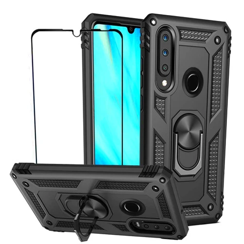 LKOQO BestShare for Huawei P30 Lite Case & Tempered Glass Screen Protector, Rugged Anti-Scratch Shockproof Kickstand Armor Cover & Magnetic Car Mount Ring Grip, Black