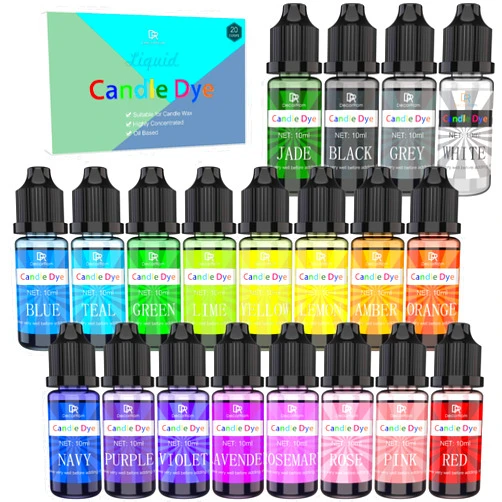 DecorRom Candle Dye - 20 Colors Liquid Concentrated Candle Color Dye for Soy Wax Dyes, Gel Wax, Paraffin Wax, Beeswax, Candle Making Kit - Vibrant Oil-Based Candle Coloring for DIY Candle Making Supplies