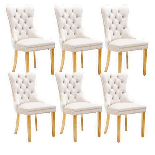 Shenyon Beige Velvet Dining Chairs Set of 6, Upholstered Dining Room Chairs with Back Ring Pull Trim and Golden Stainless Steel Legs,Modern Kitchen Chairs for Dining Room,Living Room,Kitchen(Beige)