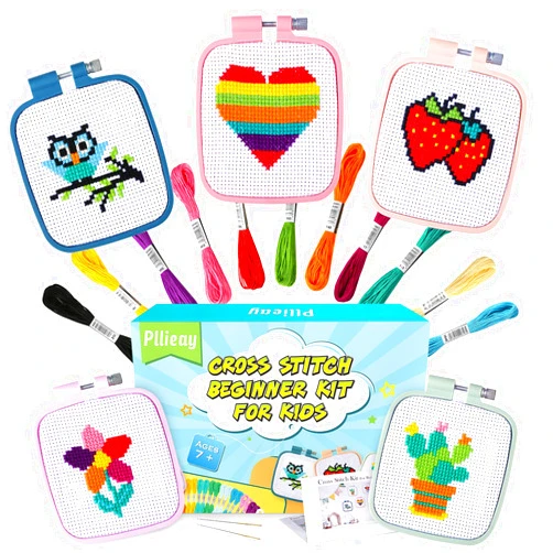 Pllieay 5PCS Cross Stitch Kits for Beginners for Kids 7-13, Includes 5 Project Patterned and 5pcs Square Embroidery Hoops, 11 Skeins, Needle Point Starter Kit Sewing Set with Instructions