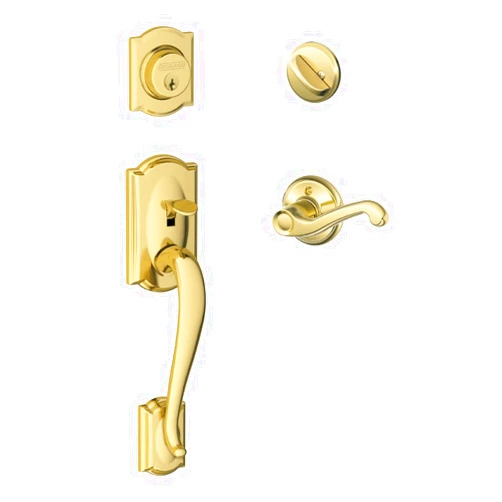 SCHLAGE Camelot Single Cylinder Handleset and Left Hand Flair Lever, Bright Brass (F60 CAM 505 FLA 605 LH)
