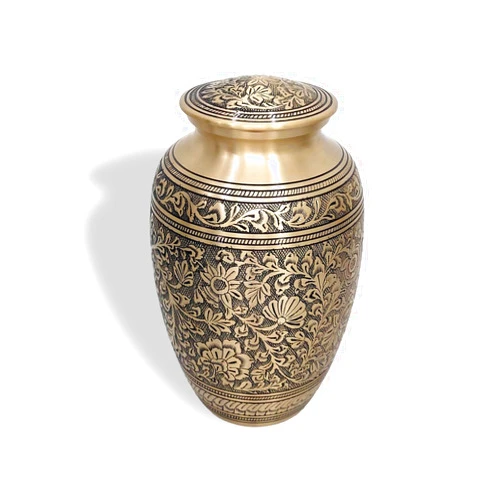 Artizans Cremation Urns-Decorative Brass Urn with Intricate Floral Engravings, 10 x 7 inches,Cremation Urns,Funeral Urn(Brass-Large) (Brass, Large, Flower R)