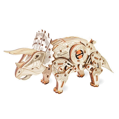 EWA Eco-Wood-Art 3D Wooden Puzzle - Triceratops 3D Puzzle with Wind Up Rubber Band Mechanism, Moving Legs, Head & Tail - 3D Wooden Puzzles for 15 yrs Above & Adults - Model Building Kits by Eco Wood Art, 283 Pieces