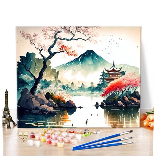 Rebotipy Japanese Landscape Paint by Numbers, Mount Fuji Paint by Numbers Kit for Adults, Japan Cherry Trees Watercolor Paint by Numbers Kits, Easy Paint by Numbers for Beginners Art Crafts 16x20 inches