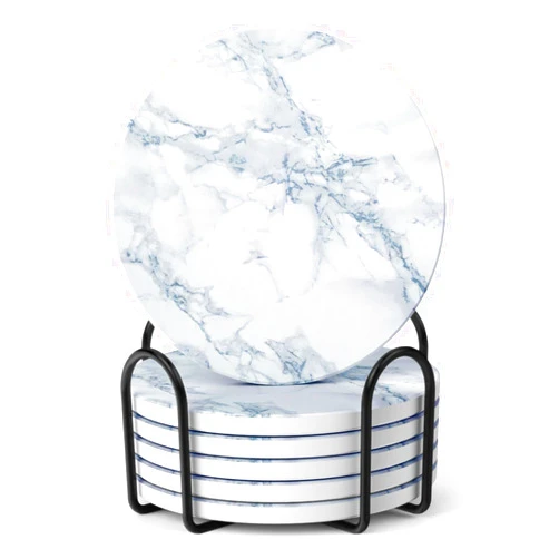 LIFVER Coasters for Drinks, White Marble-Style Absorbent Coasters with Holder, Housewarming Gifts for Home Decor, Suitable for Kinds of Cups, 4 Inches, Set of 6