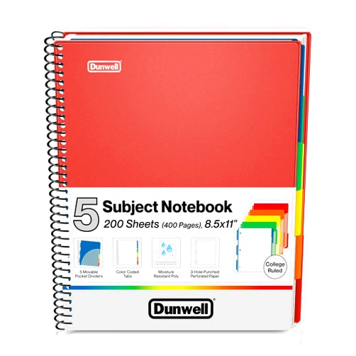 Dunwell 5-Subject Notebook College Ruled 8.5x11 (Red) - 200 Sheets (400 Pages), Spiral Notebook 8.5 x 11 with Tabs, Movable Dividers, Pockets, Front/Back Plastic Covers, Multi Subject Notebook