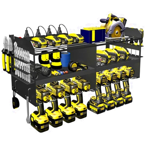 AKACIJA Power Tool Organizer Wall Mount with Charging Station Garage Organization 6 Drill Storage Shelf with Hooks, Screwdriver, Drill Bit Heavy Duty Rack, Tool Battery Holder Built in 8 Outlet Power Strip