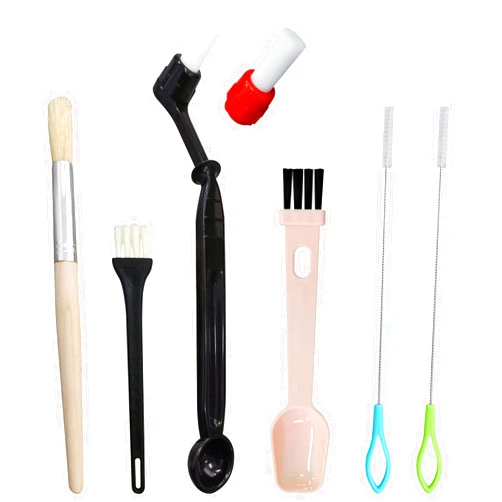 PURIMADE 7 Pcs Coffee Machine Cleaning Brush, Espresso Machine Brush with Detachable Head, Wooden Plastic Brush with Bristles for Grinder, Plastic Spoon with Brush & 2Pcs Espresso Steam Wand Brushes