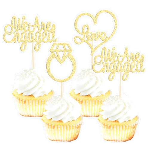 Gyufise 24Pcs Gold We're Engaged Cupcake Topper Glitter Bridal Shower Diamond Ring Love Heart Cupcake Picks Wedding Engagement Theme Party Cake Decorations Supplies