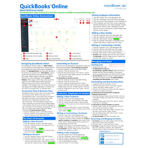TeachUcomp Inc,TeachUcomp Inc.,TeachUcomp Inc.;TeachUcomp Inc. QuickBooks Online Quick Reference Training Card - Laminated Tutorial Guide Cheat Sheet (Instructions and Tips)