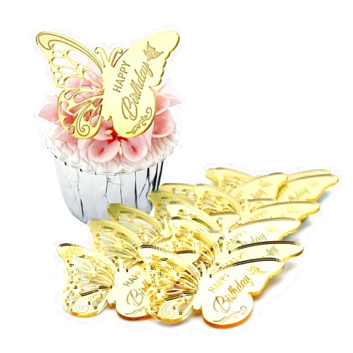 AiQi Bakes 12 Pieces Acrylic Happy Birthday Butterfly Cupcake Toppers for Party, Engraved Mirror Acrylic Cake Disc for DIY Cupcake Decoration (Gold)
