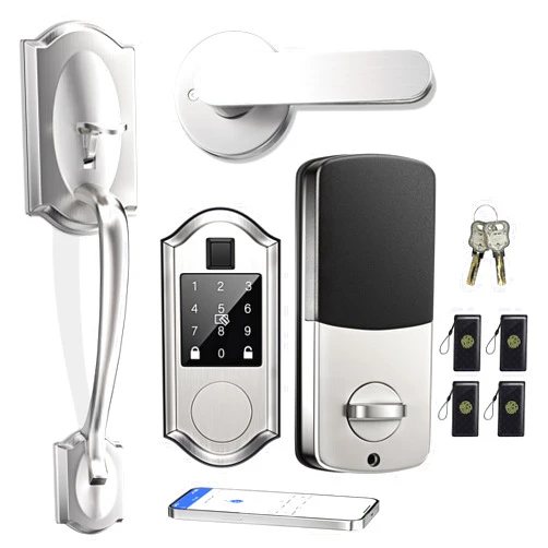YYTDZSW Fingerprint Smart Lock for Front Door - Keyless Entry Deadbolt with Handle Set, Touchscreen Keypad Door Lock, App Control, Auto-Lock, Satin Nickel