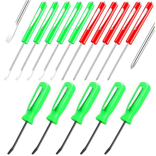 Chumia 15 Pieces Pocket Screwdriver with Magnet Pocket Clips 2 Ends Mini Top Slotted and Cross Head Slotted Head With Magnet Top Mini Pry Bar Set,Green,Red