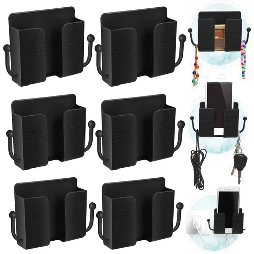Jetec 6 Pieces Wall Mount Phone Holder Self-Adhesive Wall Beside Organizer Storage Box Plastic Charging Phone Stand Remote Wall-Mounted Phone Brackets Holder for Bedroom (Black)