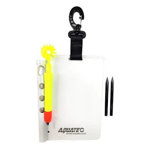 AQUATEC Scuba Writing Slate for Diving with Corrosion Resistant Locking Gate Clip with 3 Replacement Graphit&Carbon Pencils