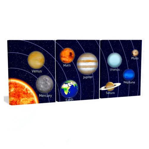 KAIRNE Kids Space Room Decor Framed Outer Space Wall Art Set Of 3 (12X16inch) Kids Picture Planets Pictures Solar System Educational Teaching Poster for Boys Room Nursery Kids Playroom Decor
