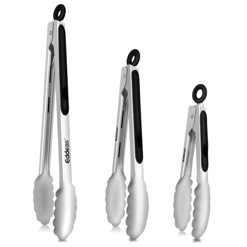Eddeas Tongs For Cooking - Heat Resistant 600 Degrees Stainless Steel Kitchen Tong,Heavy Duty Metal Locking Tongs - Perfect for Food,Salad and BBQ set of 3 (7