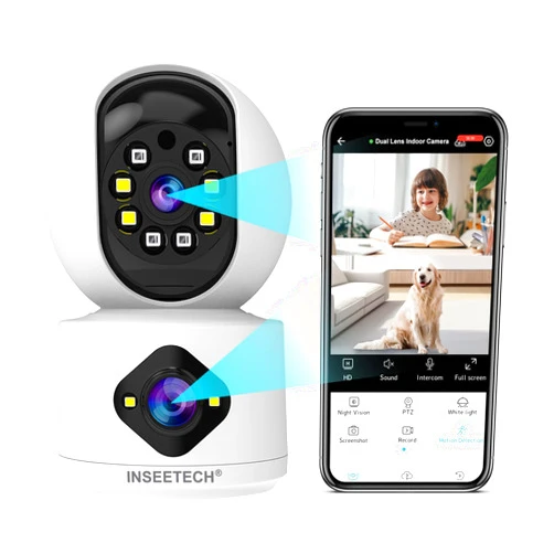 INSEETECH 5MP Dual Lens Security Camera, 2.4GHz WiFi Indoor Camera, PTZ Security Camera for Baby Pet Dog Cat Home, Night Vision, Motion Detection, 2-Way Audio, Siren, 24/7 Recording with Phone App