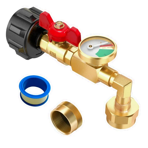 Phenanive Upgraded Propane Refill Adapter with Gauge & ON/Off Valve - QCC1 Elbow Connector for 20lb to 1lb Empty Refillable Propane Cylinders, Solid Brass，Convenient & Safe