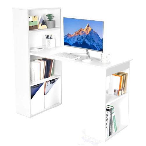 Giantex 48 Inch Computer Desk with Bookshelf, 3-in-1 Home Office Desk with 4-Tier Bookcase & CPU Stand, Space-Saving Reversible Writing Desk Work Table for Bedroom, Study Room, Office (White)