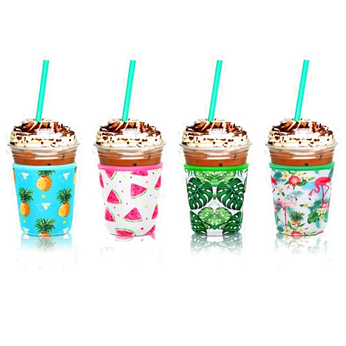 Patelai 4 Pieces Reusable Iced Coffee Sleeve Cup Insulator for Cold Drinks Beverages and Holder for Most Coffee(16-20 oz Small,Fruit Style)