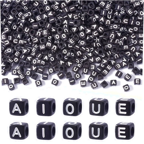 BB Beadthoven Beadthoven 500pcs Black Acrylic Letter Large Hole Beads 6mm Horizontal Hole Cube Letter Alphabet Beads A/E/I/O/U Loose Square Spacers for Jewelry Making Bracelet Necklace Earrings DIY Crafts