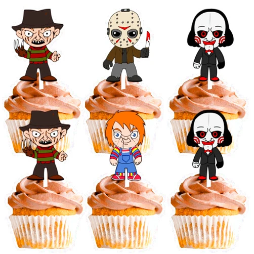 LETLIMIT 18pcs Glitter Fantasy Horror Manga Dessert Cupcake Topper Halloween Ghost Theme Decor Supplies Boys Girls Happy Birthday Party Decorations