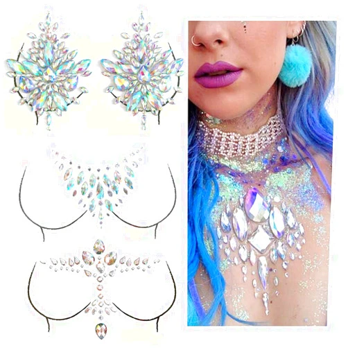 Mangoit Breast Jewels Tattoo Rhinestone Chest Sticker Temporary Tattoo Glitter Breast Body Gems Tattoo Sticker Body Art Decor Jewel Paste for Festival Makeup(3 Sets)