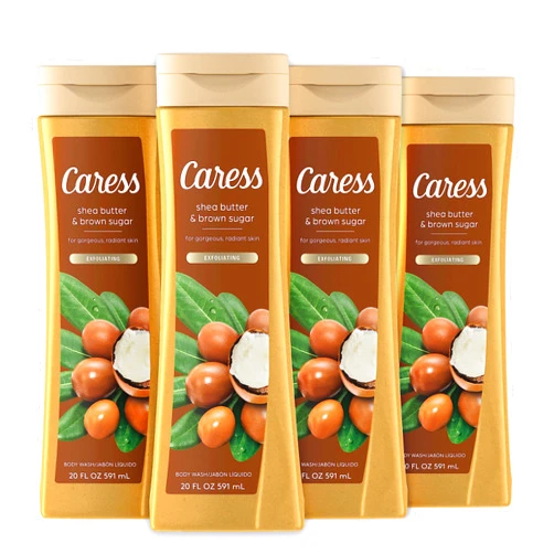 Caress Body Wash for Women, Shea Butter & Brown Sugar, Hydrating and Exfoliating Shower Gel for Gorgeous Radiant Skin, 20 fl oz, 4 Pack