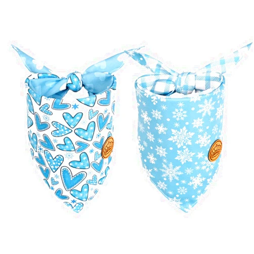 CROWNED BEAUTY Winter Dog Bandanas Reversible Small 2 Pack, Winter Hearts Set, Blue Plaid Adjustable Triangle Snowflakes Holiday Scarves for Dogs Cats Boy Girl Pets DB155-S