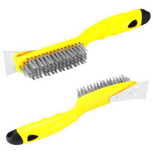 Chanharm Stainless Steel Wire Brush 2 Pcs with Metal Scraper | 79 Bundles bristles, Plastic Contoured Handle | Chanharm Heavy Duty Scratch for Cleaning Rust & Dirt, Dust & Paint Scrubbing, Welding Slag Removal