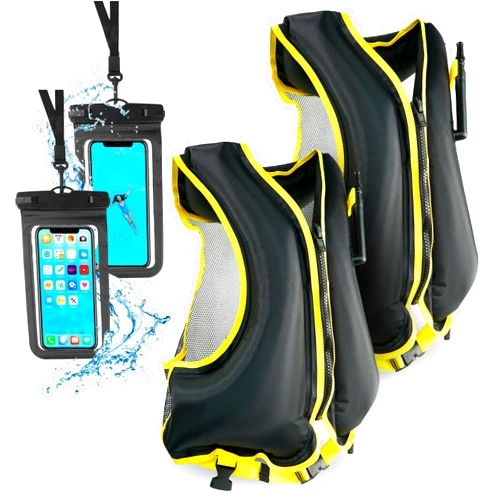 NoR Creations 2 Inflatable Life Jackets for Adults with 2 Waterproof Phone Cases – Adjustable Snorkeling Vest – 68 lbs - 220 lbs - Adult Swim Vest for Snorkeling