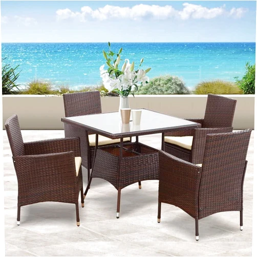 Solaste 5 Piece Outdoor Wicker Dining Set Furniture, Square Tempered Glass Table Top with Umbrella Hole, Patio Table and Chairs for Backyard,Dark Brown
