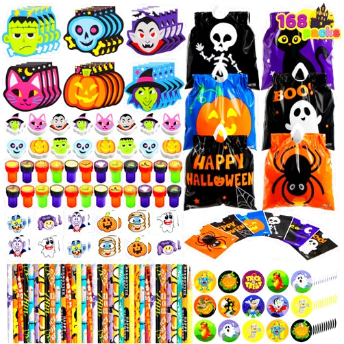 JOYIN 168 Pcs 24 Pack Assorted Halloween Art and Craft Stationery Kids Gift Set Trick or Treat Party Favor Toy Including Halloween Bag, Notepads, Stamps, Pencils, Stickers and Temporary Tattoos