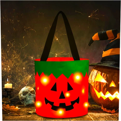 Hutuzldz Halloween Trick or Treat Candy Bags LED Light Up Pumpkin Bucket, Collapsible Reusable Candy Basket, Fabric Tote Gift Goody Bags for Kids Halloween Party (Orange)