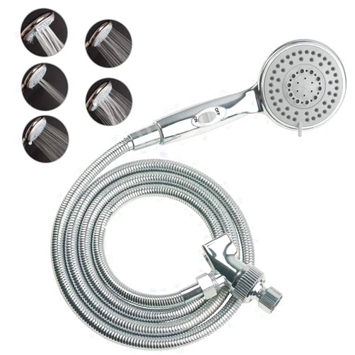 HauSun Handheld Shower Head with On/Off Switch - 5 Spray Settings 6.5 Feet Extra Long Hose High Pressure with Bathroom Faucet Kit - Universal Adapter Holder Mount for Wall,Chrome Finish