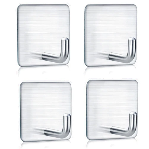 FOTYRIG Adhesive Towel Hooks Extra Sticky Door Coat Hooks 15LB (Max) Stick on Wall Waterproof Stainless Steel Shower Hooks for Hanging loofah Purse Clothes Bathroom Hooks Silver-4 Packs