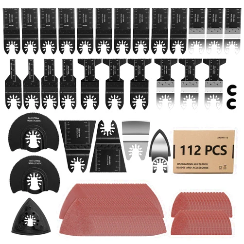 AVID POWER 112Pcs Oscillating Saw Blades Quick Release Oscillating Multitool Blades with Sandpapers Universal Oscillating Tool Accessories for Cutting Metal/Wood/Plastic, Compatible with Most Brands