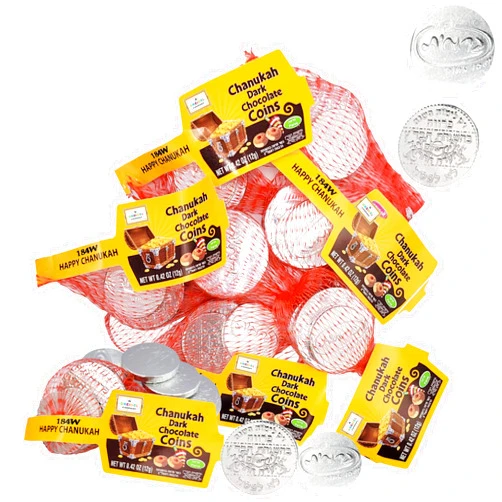 The Dreidel Company Hanukkah Chocolate Gelt, Dark Bittersweet Chocolate Coins, Made in Israel, Dairy-Free, Kosher Parve Certified Chanukah Gelt (8 Mesh Bags)