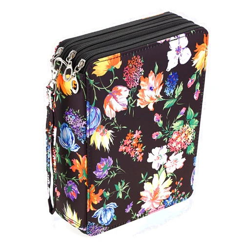 BTSKY Colored Pencil Case- 120 Slots Pencil Holder Pen Bag Large Capacity Pencil Organizer with Handle Strap Handy Colored Pencil Box with Printing Pattern (Black Flower)