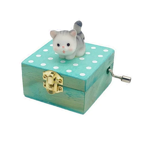 Nbcymg Gift Wrapped Mini Wooden Hand Crank Music Box with Lovely Cat (Tune: Castle in The Sky) (White Grey)